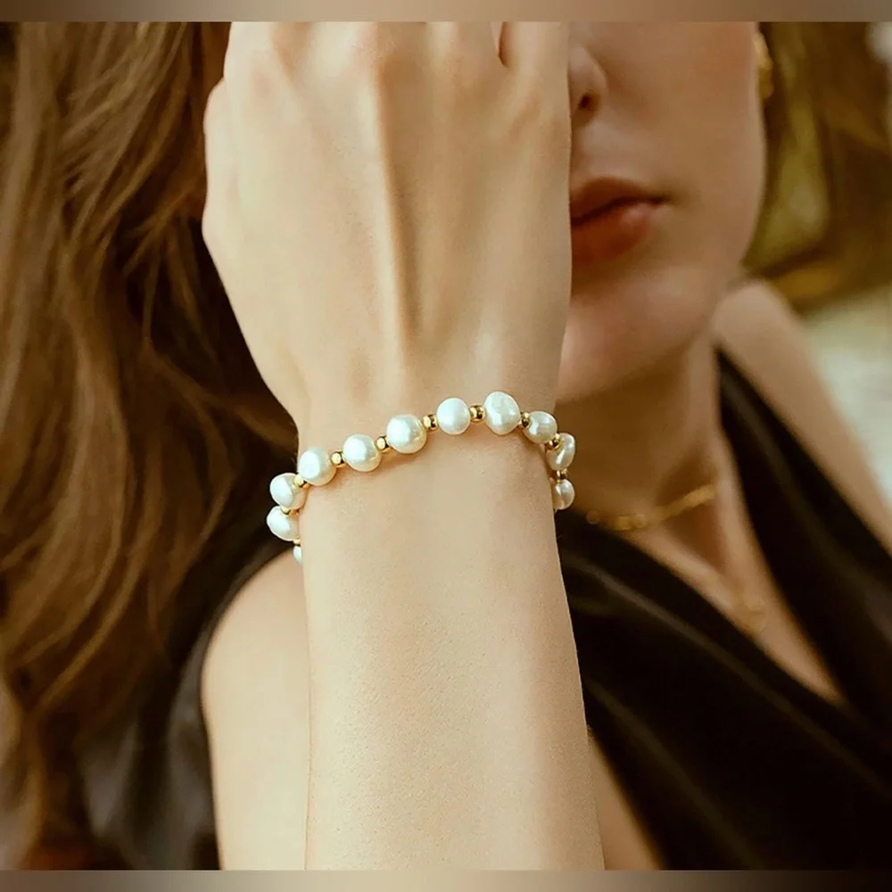 NWT Pearl Bracelet Chain Link Baroque Culture Bossimi 14K Gold Filled Adjustable